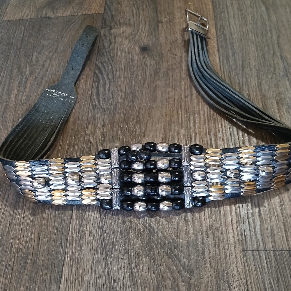 Vintage Jose Cotel Paris Ornate Leather and Metal Designer Belt. Made in France
